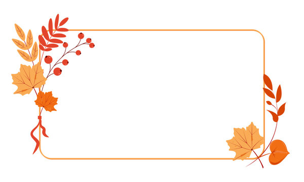 Decorative horizontal frame with seasonal fall leaves. Empty, with copy space. Flat vector illustration, isolated on white. Template, greeting card, celebrative, botanical design.