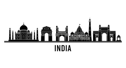 Obraz premium India Skyline Silhouette: Taj Mahal, India Gate, and other landmarks