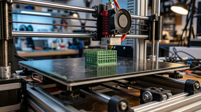 3D Printer Creating Green Plastic Object, Technology and Innovation