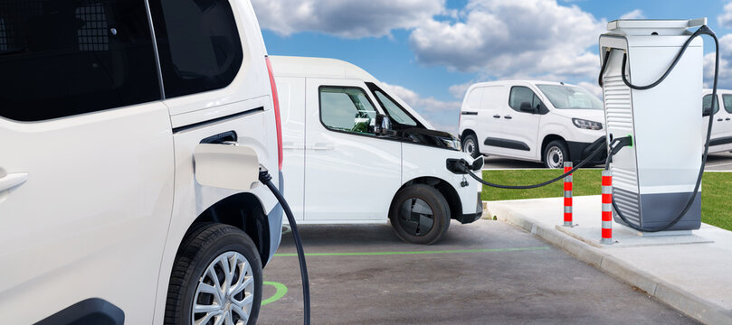 Electric delivery van with electric vehicles charging station.