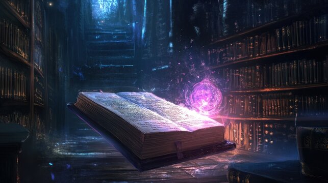 Glowing book in dark interior