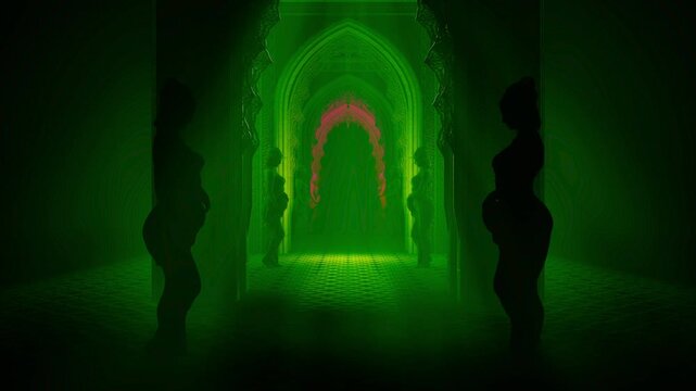 Mystic Dark Gothic Hallway with Carved Archways and Female Statues Glowing Green and Magenta
