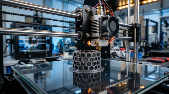 3D Printer Creating Hexagonal Object, Technology, Innovation, Manufacturing