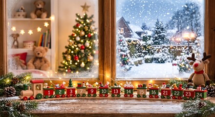 Fototapeta premium Wooden toy train advent calendar with numbered cars on windowsill. Cozy christmas home interior with decorated tree and snowy winter view outside window. Holiday countdown concept