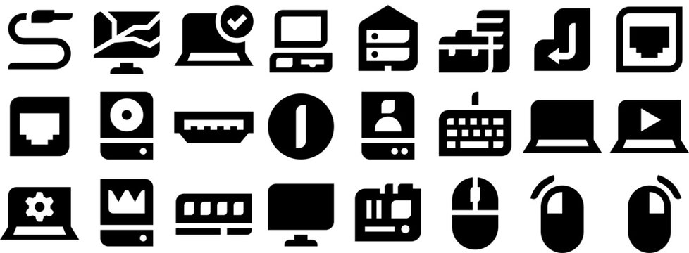 Computer Icons &mdash; hardware, device, network, power, data, drive, server, disk, screen, storage, mouse, gadget, technology. Vector icon pack.