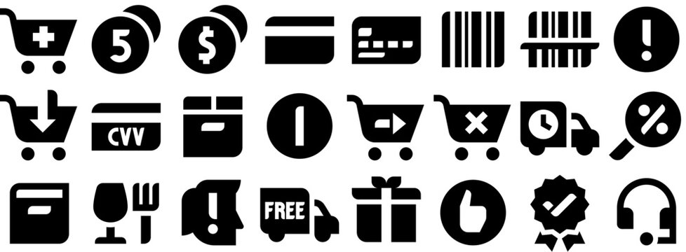 E-commerce Icons &mdash; shopping, box, delivery, card, cart, ecommerce, shipping, purchase, code, payment, quality, price, online, retail, store. Vector icon collection.