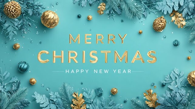 luxury christmas greeting card with turquoise and golden decoration balls illustration