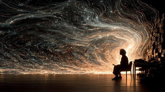 Silhouette of Man Facing Cosmic Light Waves and Digital Particles