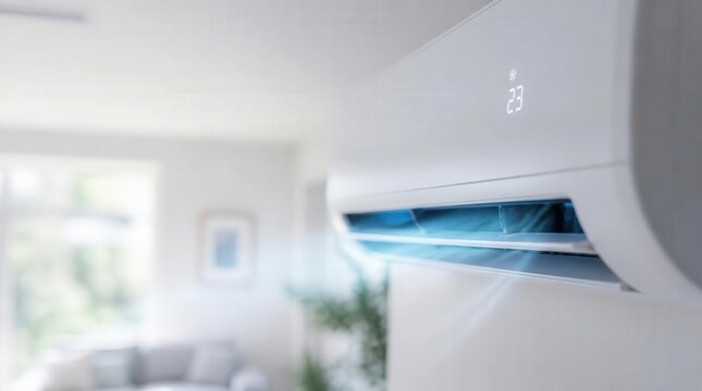 White wall mounted air conditioner blowing cold airflow inside bright room during heatwave