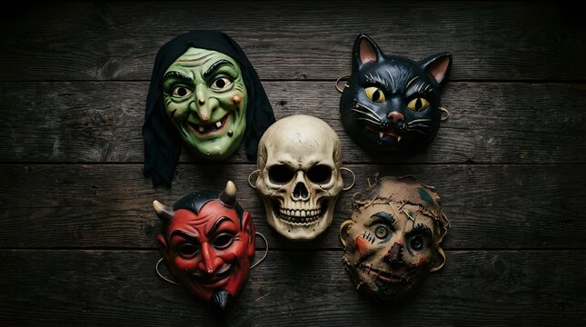 Spooky Halloween masks with a skull on a rustic dark wooden background