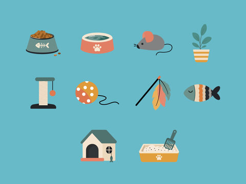 Cat care supplies icon set featuring food and water bowls, toys, scratching post, cat house and litter box on blue background. Vector illustration.