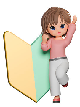 3D CG｜初心者マークの前で拳を上げる若い女性