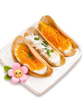 Crispy Thai traditional crepes, Khanom Buang, topped with sweet egg floss and shredded coconut on a white tray, cute pink flower decoration, bright minimalist food styling for graphic design and baker