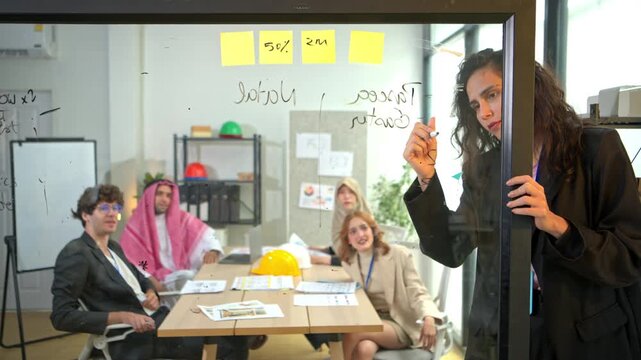 Businesswoman writing project plans on a glass board during a business meeting in a modern office, with colleagues working in the background