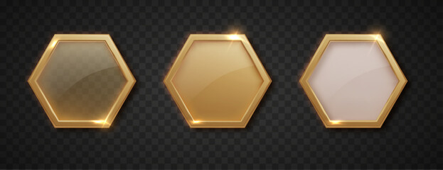 Plakat Golden hexagon frame button with metallic border and elegant premium design. Perfect for web interfaces, game UI, luxury awards, and modern click-to-action elements with glossy finish
