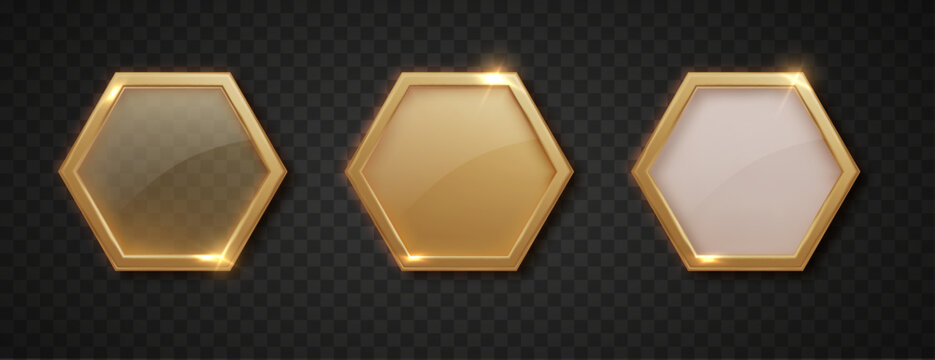 Golden hexagon frame button with metallic border and elegant premium design. Perfect for web interfaces, game UI, luxury awards, and modern click-to-action elements with glossy finish