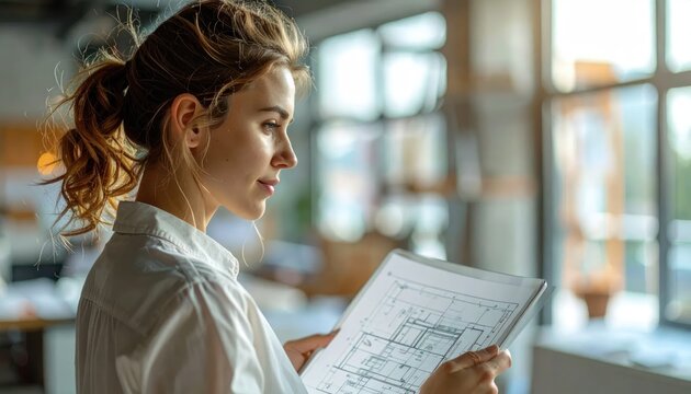 Young architect examining construction blueprints in sunny studio.