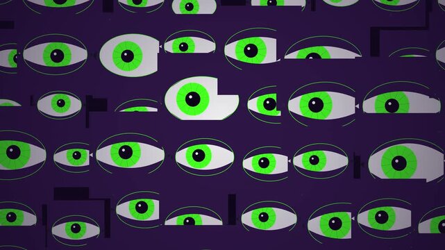 Creepy Halloween Background with Moving Green Eyes on Dark Purple Surface