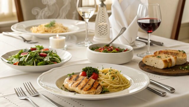 Delicious grilled chicken dinner with pasta and salad displayed elegantly on a dining table