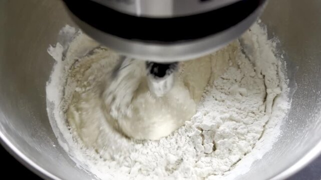 Stand mixer with dough hook mixing flour and water to create bread dough in a stainless steel bowl on a kitchen