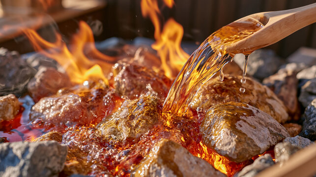 Close atmospheric shot of water being gently poured over glowing sauna stones, fine droplets turning into rising steam, wooden ladle visible in the foreground, heated stones covere