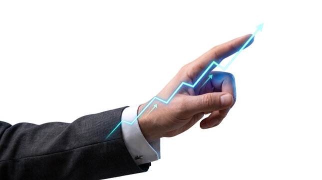 Business person in suit pointing up at financial growth chart