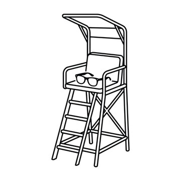 Line art illustration of a lifeguard chair with sunglasses for beach safety observation.