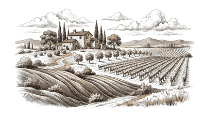 Obraz premium Hand drawn sketch of beautiful tuscan vineyard landscape with traditional rural stone villa, cypress trees and scenic rolling hills