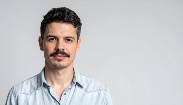 Young man with mustache in light blue shirt.