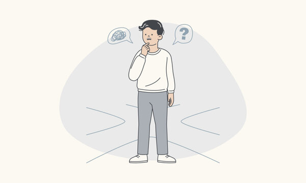 Confused Solitary Man Facing Uncertain Crossroads Struggling with Self Decision Vector