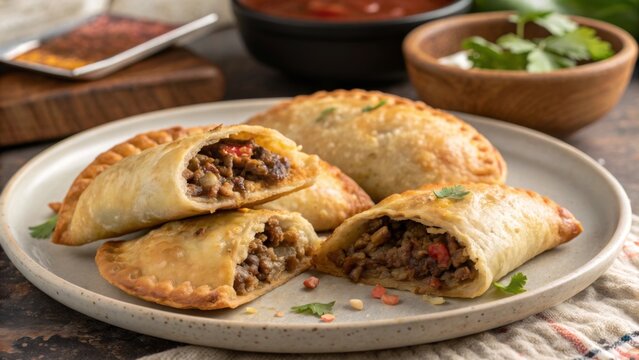 Savory beef empanadas served on a plate with fresh toppings and dipping sauce ready for enjoyment