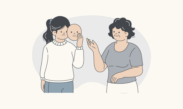 Woman Hiding True Sad Feelings Behind Happy Mask for Relationship Harmony Vector