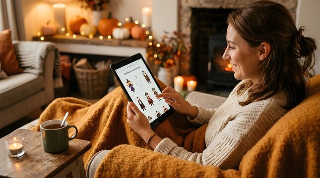 Woman sitting at home in autumn cozy room browsing halloween costumes online