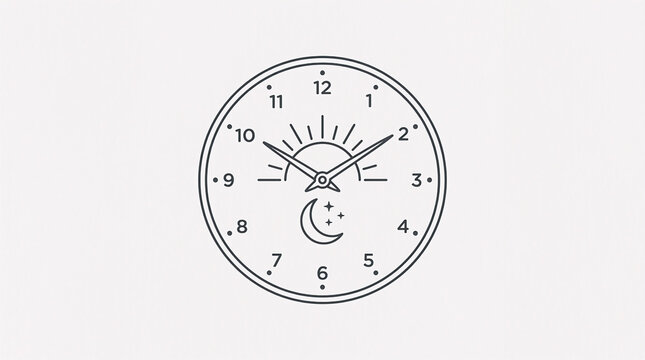 Minimalist line art illustration of a clock featuring sun and crescent moon icons representing time management and day-night cycle.