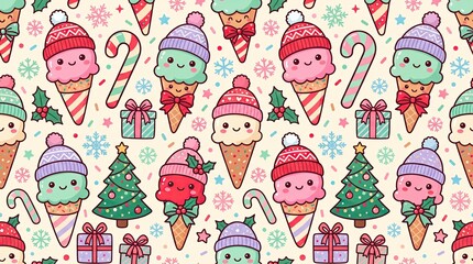 Fototapeta premium Cute Christmas ice cream seamless pattern with colorful cones, winter hats, trees, gifts and festive holiday elements on white background