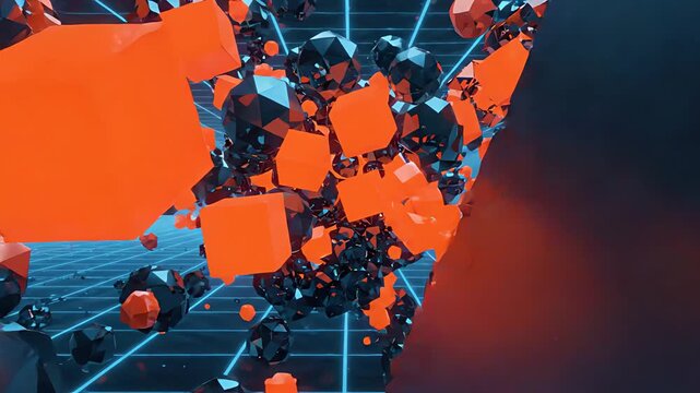 Abstract 3D geometric spheres and cubes floating in digital grid space