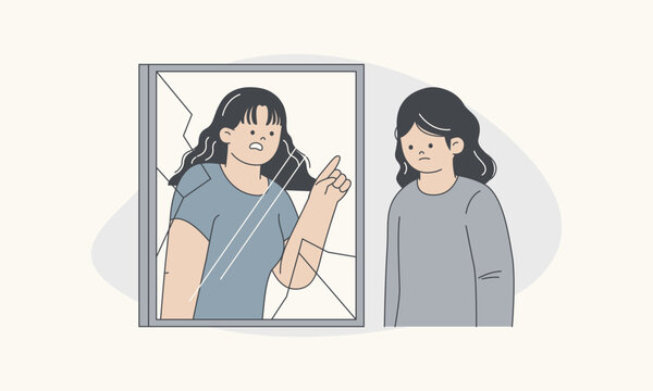 Sad Woman Facing Self-Criticism Reflected in Broken Mirror Distorted Identity Vector