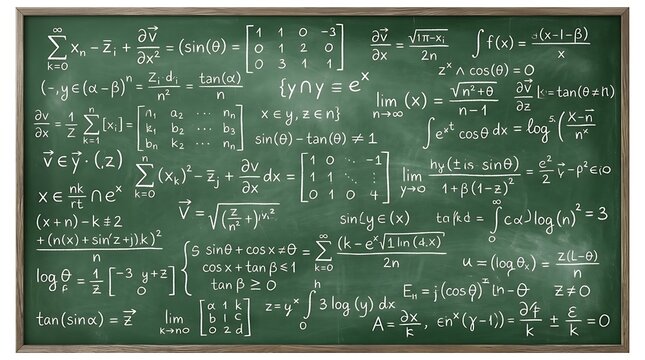 Complex Mathematical Formulas And Equations Written On Green Chalkboard Isolated Transparent Background
