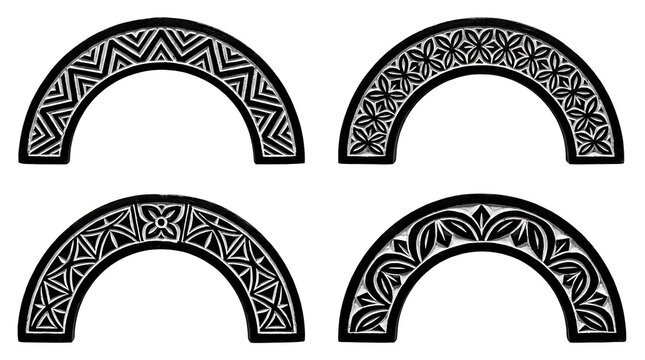 Four black and white semi-circular geometric arch patterns.