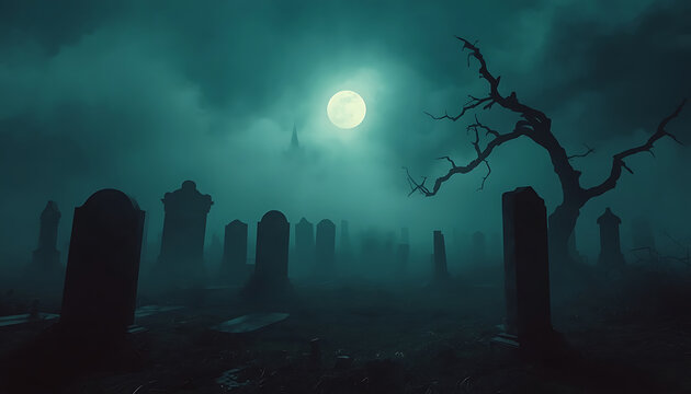 Spooky graveyard scene under glowing full moon with dense fog and silhouettes of old weathered tombstones creates eerie haunted atmosphere perfect for dark gothic horror concept art.