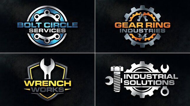 Four industrial mechanical workshop logo designs set.