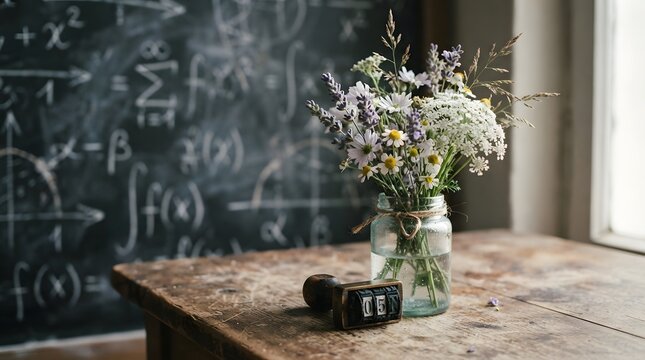 A beautiful and elegant floral arrangement displayed in a clear glass vase rests on a weathered rustic wooden table in front of a chalkboard