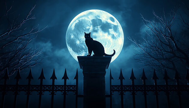 Black cat sitting on cemetery fence pillar under glowing full moon creates eerie silhouette perfect for spooky october season banners cards and digital graphic designs.