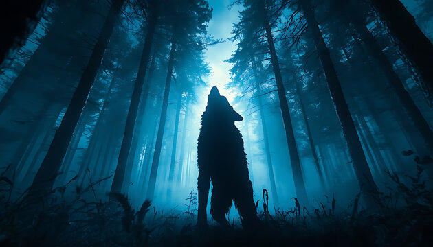 Majestic wolf silhouette howling in misty dark forest with glowing moonlight filtering through tall pine trees creating dramatic mystery for wilderness and wildlife themed designs.