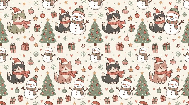 Seamless Christmas cat and snowman pattern with cute festive cats, decorated trees, gifts, ornaments, stars and snowflakes on cream background, cozy holiday nursery design