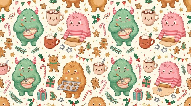 Seamless Christmas pattern with cute colorful monsters baking gingerbread, drinking cocoa, gifts, candy canes, holly and stars on cream background, festive kids design
