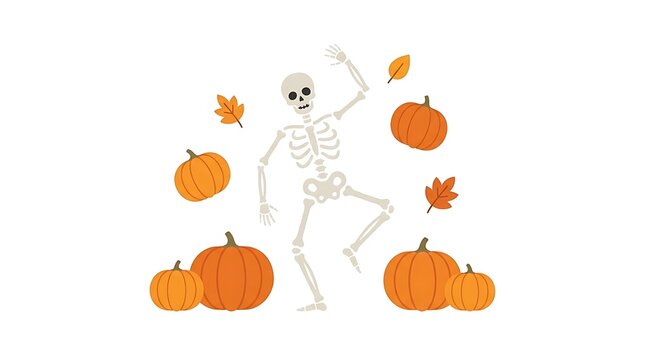 Happy dancing skeleton with Halloween pumpkins and leaves.