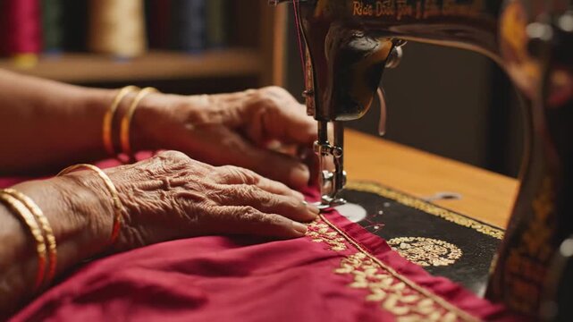 Senior woman hands sewing red embroidered fabric on vintage machine.