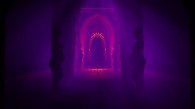 Gothic Gold Purple Concert Stage Visual of Temple Tunnel with Ambient Fog