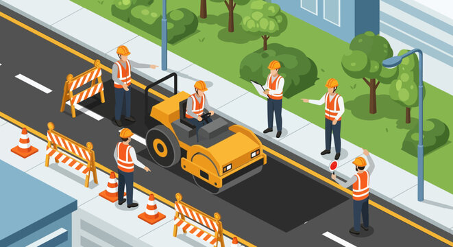 Road construction isometric illustration with workers and steamroller